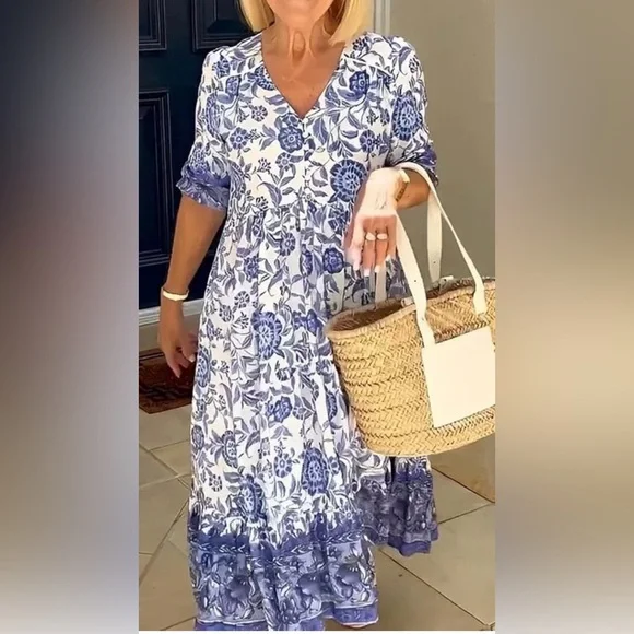 🥳SUMMER🥳 MALDILA BLUE/White Boho Midi Dress, Size L - Picture 1 of 9